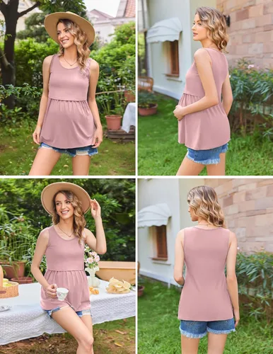 Vista 4 de Ekouaer Camiseta sin mangas de maternidad para mujer, cuello redondo, paquete de 3 unidades, ropa de embarazo de doble capa