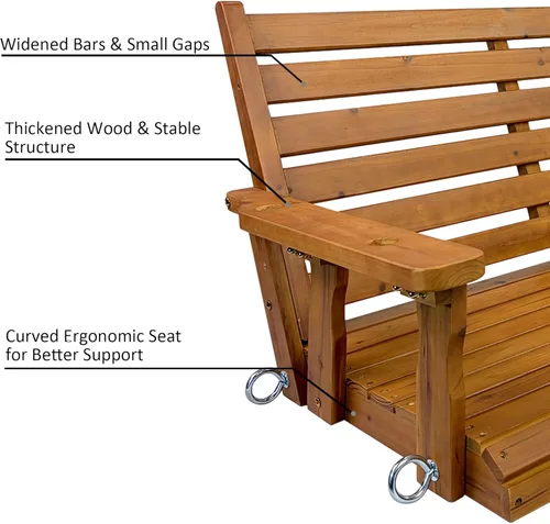 Vista 6 de Columpio de madera para porche, asiento ergonómico, columpio de banco con cadenas para colgar y resortes de 0.276 in, resistente, 800 libras