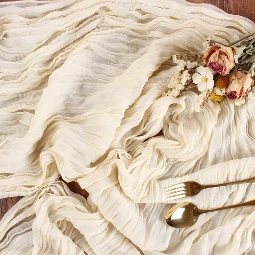 Vista 22 de Camino de mesa de gasa azul de 10 pies, estilo bohemio, rústico, transparente, de 120 pulgadas, decoración de mesa de gasa para despedida