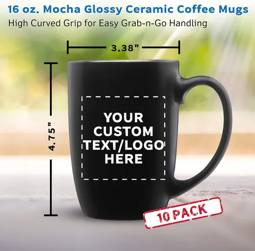 Vista 6 de DISCOUNT PROMOS Juego de 10 tazas de café grandes de cerámica moca brillante, 16 onzas, texto personalizable, logotipo, gres, suave, duradero, mango