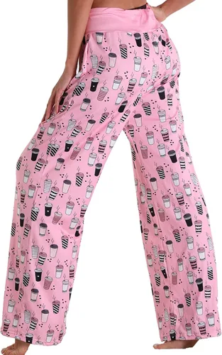 Vista 4 de X-Image - Pantalones de descanso largos y de pierna ancha para mujer, cómodos y elásticos, pijama con cordón ajustable y estampado floral
