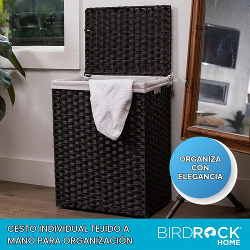 Vista 4 de BIRDROCK HOME Cesta de lavandería individual con tapa - Marrón - Bolsa forrada - Tejida a mano - Cesta pequeña plegable - Contenedor plegable