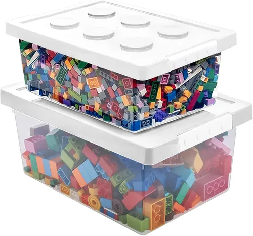 Vista 8 de loobuu Contenedores de almacenamiento de plástico con tapas, caja organizadora apilable de juguetes, juego de 2, cofres de juguetes con placa base