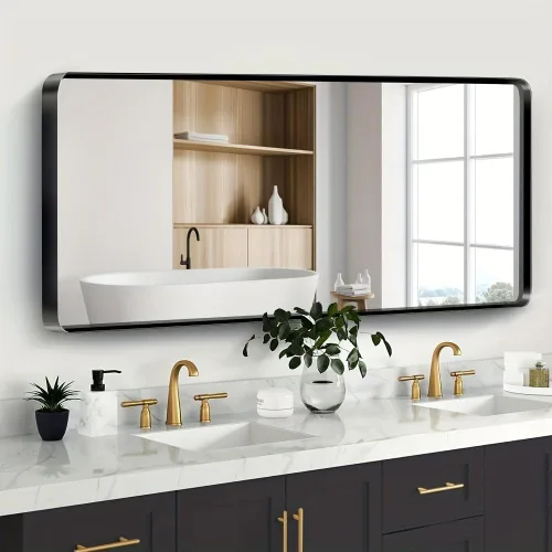 Vista 57 de JISOSO - Espejo de baño negro de 20x30 pulgadas con marco de metal negro, espejo de tocador rectangular redondeado con acabado mate para pared