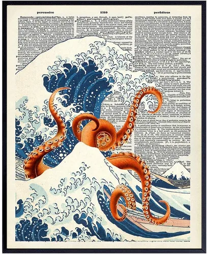Arte de Pared Decorativo Diccionario Pulpo Ola Kanagawa Japonés - Decoración Retro para el Hogar Reciclada de 8x10 pulgadas para Oficina,