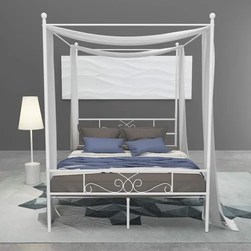 Vista 4 de Weehom Marco de metal con marco de cuatro pósteres, plataforma de soporte de colchón con cabecero, plataforma de estribo de cama, no necesita