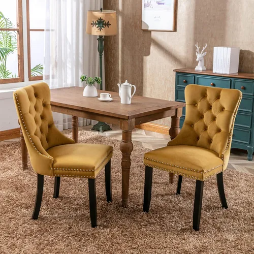 Vista 217 de Juego de 2 sillas de comedor modernas para sala de estar, cocina, patas de madera maciza, cojín acolchado de tela de lino, asiento y respaldo
