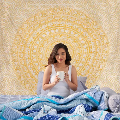 Vista 32 de Craft Trade Tapiz para colgar en la pared con diseño de mandala de algodón indio para decoración estética, bohemio, hippie, sala de estar, Blanco