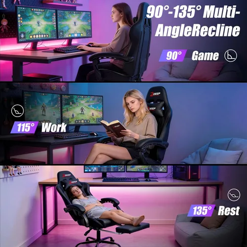 Vista 5 de Silla de juegos con reposapiés, silla ergonómica de juego con soporte lumbar y reposabrazos de acoplamiento, silla reclinable para computadora