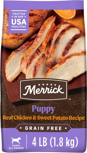 Merrick Alimento seco para cachorros sin cereales de primera calidad, saludable y natural con pollo real y batata - Bolsa de 4.0 libras