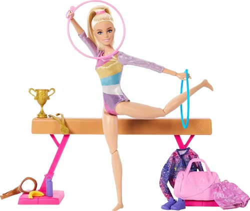 Muñeca de gimnasia Barbie y accesorios, juego con muñeca rubia de moda, clip en C para acción de volteretas, barra de equilibrio, traje de