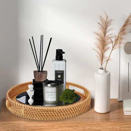 Vista 4 de Bandeja redonda de ratán con asas, cesta tejida a mano, bandeja organizadora de decoración del hogar para desayuno, té, aperitivos, frutas, café