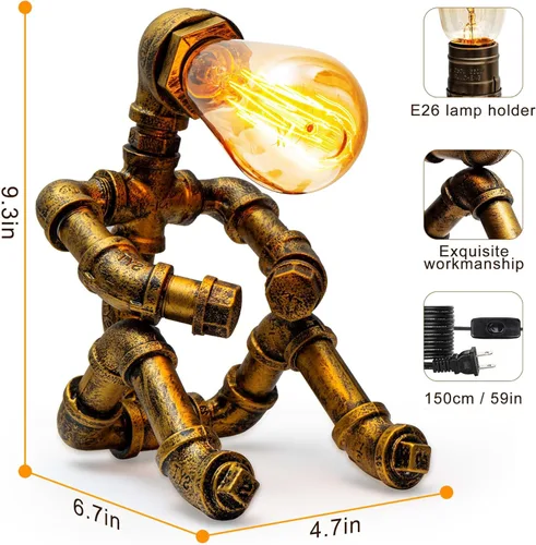 Vista 2 de Lámpara de Mesa Steampunk, Lámpara de Mesa de Robot de Metal Industrial Vintage, Lámpara de Mesa de Tubería de Agua, Luz de Escritorio Estilo Robot