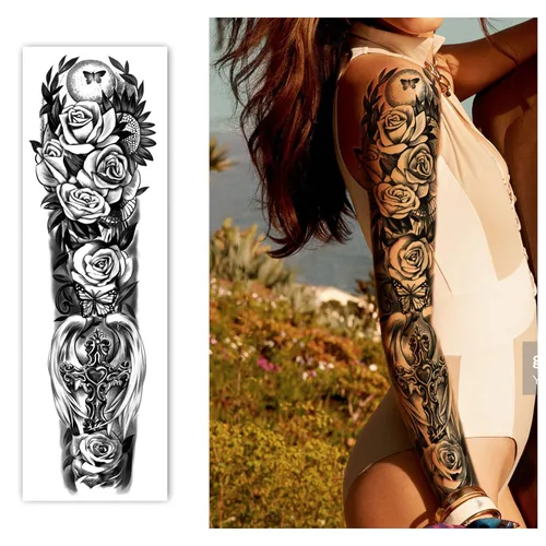 Vista 6 de Tatuaje temporal de brazo completo, 8 hojas y tatuajes de hombro medio brazo, 10 hojas, impermeables, extra grandes, duraderas, calcomanías