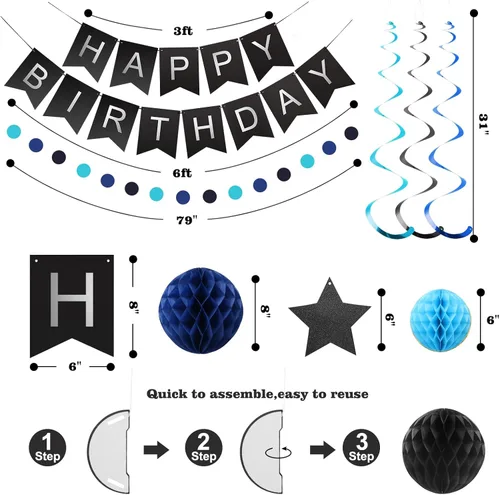 Vista 7 de meowtastic - Decoraciones de cumpleaños, pancarta de feliz cumpleaños con bolas de panal de abeja, serpentinas colgantes de estrellas, guirnalda