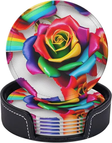 Vista 5 de Rainbow Rose Flower Leather Coasters for Drinks Set of 6 for Tabletop Protection, Elegant Home Decor & Housewarming Gift