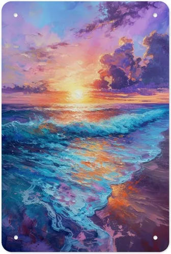 Abstract Ocean Waves at Sunset Metal Tin Sign Wall Decor Retro Sign for Home Living Room Bedroom Coffee Wall Decor Halloween Christmas Gifts 8x12Inch