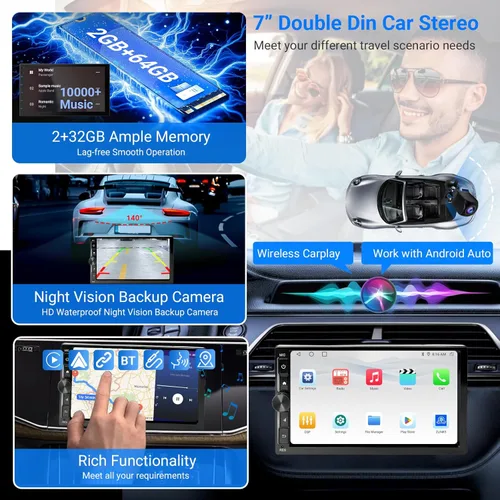 Vista 6 de Haudio Estéreo de coche de 7 pulgadas doble DIN inalámbrico Carplay y Android Auto, 1080P AHD cámara de respaldo, 2G+32G DSP pantalla táctil Radio