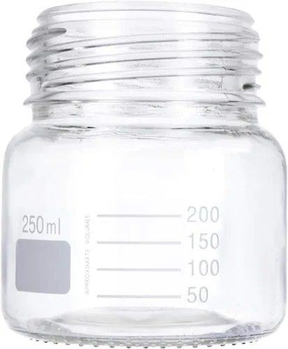 Vista 5 de Moonetto Paquete de 6 botellas de vidrio de 8.5 fl oz de boca ancha graduadas con reactivo redondo para laboratorio multimedia con tapa de rosca Azul