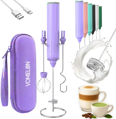 Vista 11 de Espumador de leche de mano, recargable de 3 velocidades, batidor de bebida con 3 cabezales de acero inoxidable, batidor eléctrico USB C para café