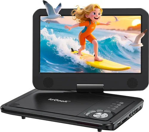ieGeek Reproductor de DVD portátil de 12.5", con pantalla giratoria HD de 10.5", reproductores de DVD para viajes en coche, batería recargable de 5