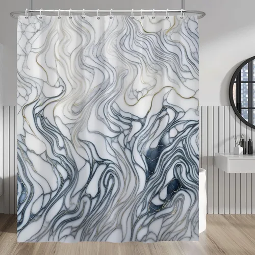 Vista 171 de Baocicco Cortina de ducha de mármol azul abstracto a rayas, decorativa, textura de lujo, línea moderna, decoración de acuarela, juego de cortinas