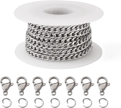 Vista 17 de Cadenas de acero inoxidable 304 de 32.8 pies, cadena dorada sin soldar, cadena de eslabones con carrete de 0.118 pulgadas para hacer pulseras