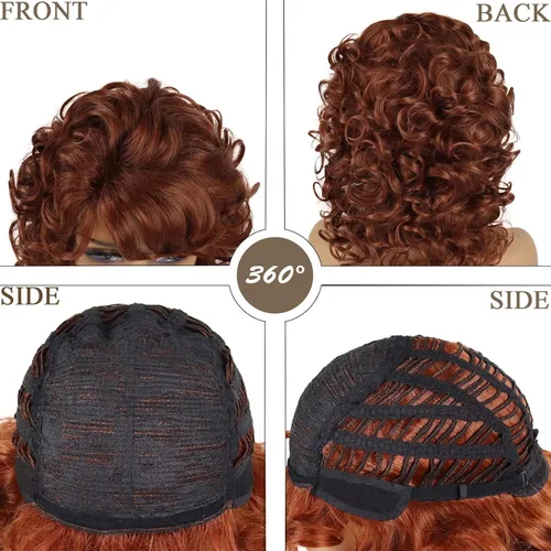 Vista 4 de GNIMEGIL Pelucas cortas y rizadas para mujer, peluca suave y rizada castaño rojizo con flequillo, resistente al calor, pelo sintético grande
