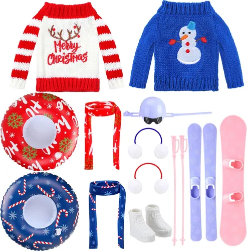 Vista 7 de Hungdao Juego de 9 accesorios para muñecas de Navidad, incluye orejeras, bufanda suave, suéter acogedor, tubo inflable para nieve, accesorio de ropa