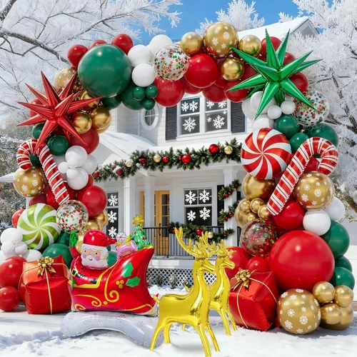 Vista 4 de Kit de guirnalda de globos de Navidad en forma de arco con globos rojos, blancos, verdes y dorados, globos de confeti, caramelo, bastón de caramelo