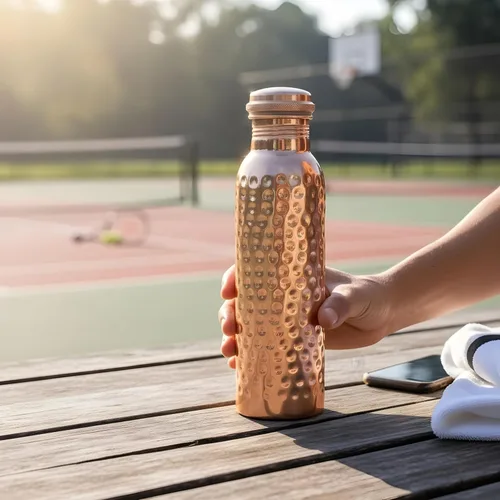 Vista 2 de Pure Copper Water Bottle 34 oz 1 Liter Leak Proof Hammered Design Drinking Bottle for Home Office Gym Travel Reusable Ayurvedic Storage Easy Carry