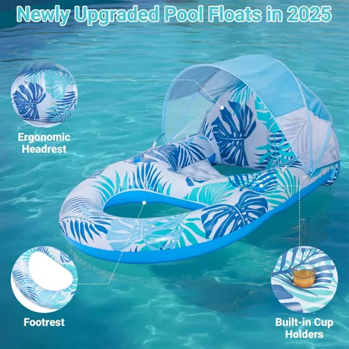 Vista 4 de Flotadores de piscina para adultos con dosel, gran silla inflable extra grande con cubierta ajustable para sombra solar, soporte para bebidas