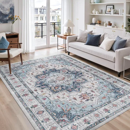 Vista 162 de zesthome Alfombras de área de 5 x 7, lavables a máquina, para sala de estar, dormitorio, resistentes a las manchas, vintage, de gran área, Beige