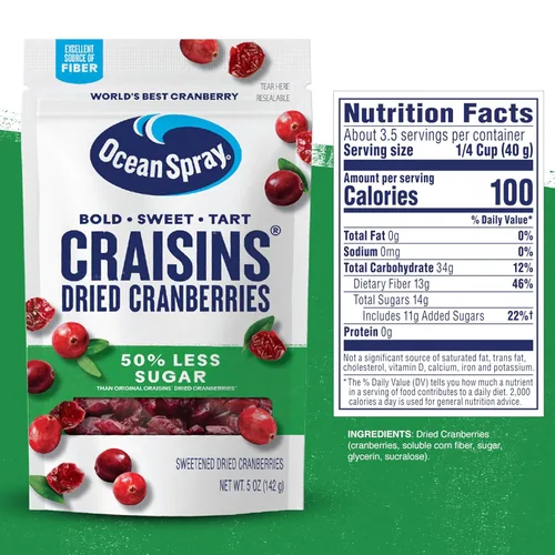 Vista 3 de Ocean Spray® Craisins®, arándanos secos con 50% menos azúcar, fruta deshidratada, bolsa de 5 onzas