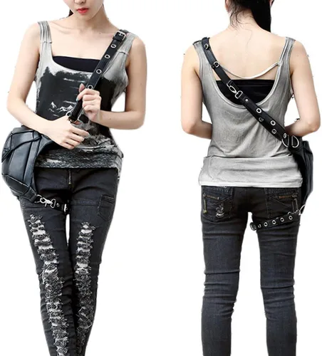 Vista 6 de FiveloveTwo Unisex Punk 3 Formas Multiusos Tactical Drop Leg Bag Hip Belt Cintura Hombro Fanny Packs Steampunk Bolsa Bolsa