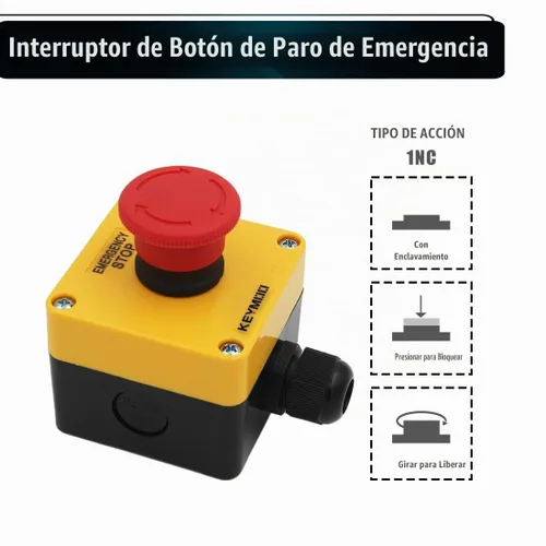 Vista 2 de Interruptor de botón de parada de emergencia, 1NC 10A 660V con caja impermeable IP65, 2 conectores negros PG13.5 (1)