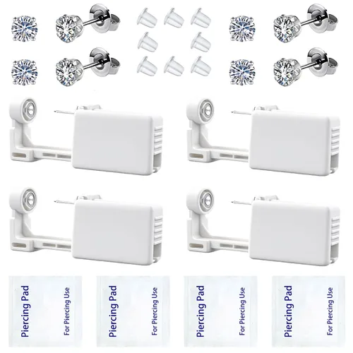 Vista 7 de Juego de 4 pistolas para perforación de orejas, desechables y seguras, con aretes (azul)