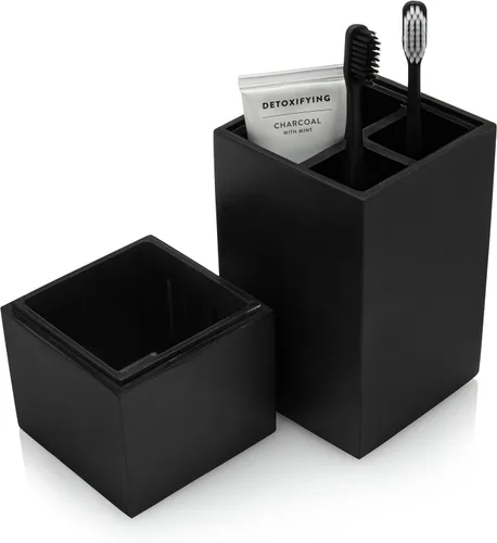 Essentra Home Soporte para cepillo de dientes con tapa, elegante organizador de cepillo de dientes y pasta de dientes en color negro mate para el