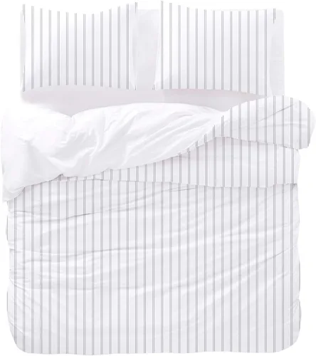 Vista 3 de Wake In Cloud - Juego de edredón a rayas, estampado de rayas verticales a rayas neutrales, ropa de cama suave y ligera, 3 piezas, gris y blanco