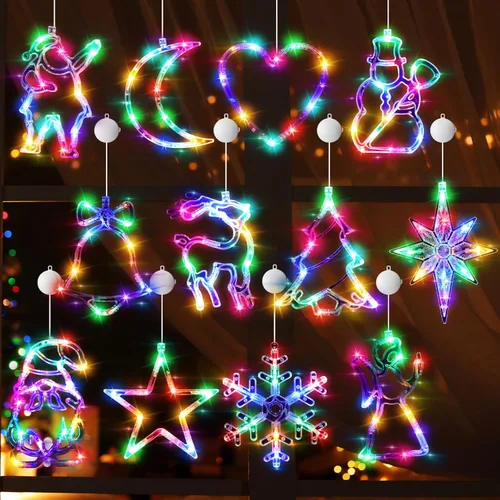 Vista 10 de Tujoe 12 luces navideñas para ventana, luces de silueta de ventana con temporizador, ventosa, funciona con pilas, para Navidad, Año Nuevo, hogar