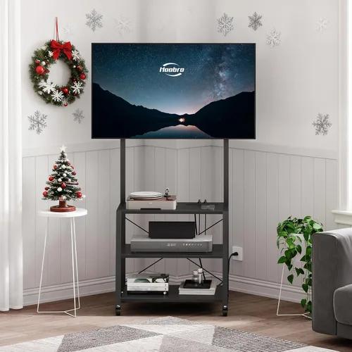 HOOBRO - Soporte de TV móvil con soporte y toma de corriente hasta 55 pulgadas, centro de entretenimiento de esquina, soporte de TV pequeño con 3