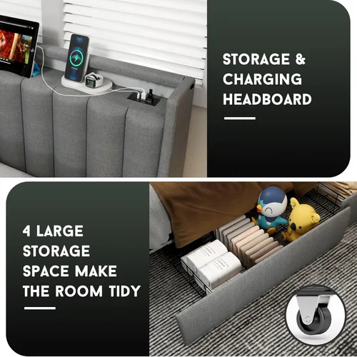 Vista 5 de UINTAI Base de cama de tamaño matrimonial con cabecera y 4 cajones de almacenamiento, plataforma tapizada de metal con respaldo de alas con luces