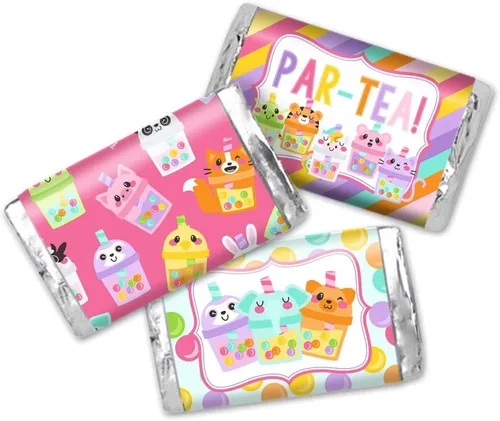 Amanda Creation Let's Par-tea - Mini envoltorios de calcomanías con temática de té de burbujas de animales para fiesta de cumpleaños, 45 etiquetas