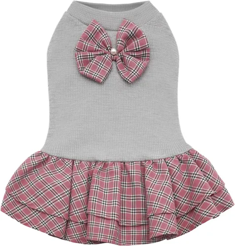 KYEESE Vestido de perro a cuadros con lazo, ropa ligera para mascotas para perros pequeños, gatos, cachorros, trajes de perro, gris, XS