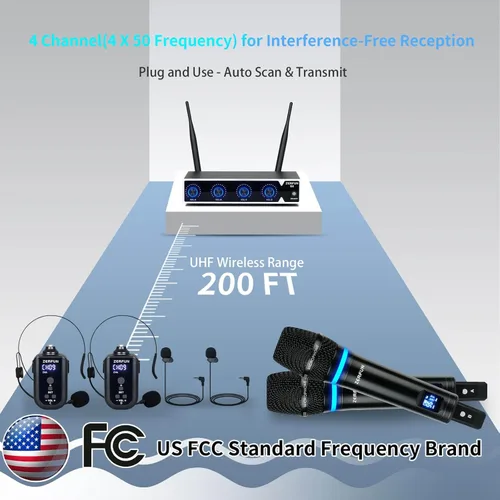 Vista 8 de Sistema de Micrófono Inalámbrico Recargable de 4 Canales, Micrófono de Mano de Metal UHF Profesional con Auriculares y Micrófono de Solapa Lavalier