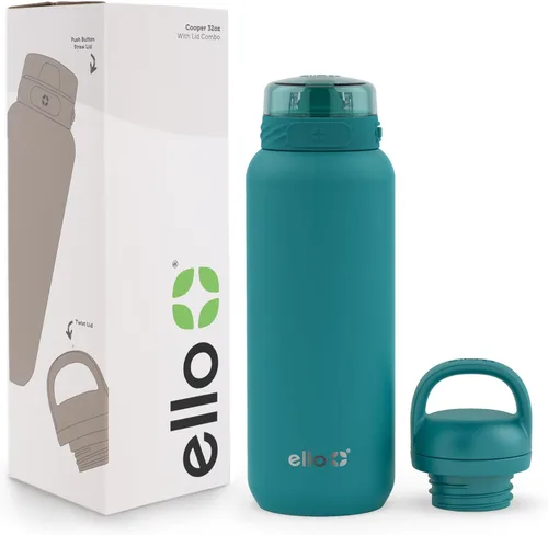 Vista 115 de Ello Cooper Twist - Botella de agua de acero inoxidable de 32 onzas con tapa popote A prueba de fugas Doble pared y aislada al vacío Asa
