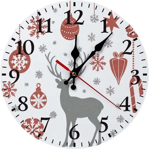 Christmas Snowflake Balls Xmas Wall Clocks Silent Non Ticking Wooden Clock Battery Operated Round Decor for Kitchen Livingroom Bedroom 10 Inch