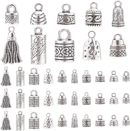 PH PandaHall Tapones de extremo de cable, 117 unidades, 10 estilos, aleación tibetana, de cuero, pegamento en extremos de barril, tapas de tubo de