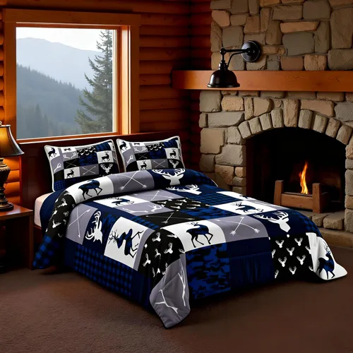 Vista 79 de Manfei Juego de Edredón de Siluetas de Animales con Astas de Ciervo Tamaño Full, Juego de Ropa de Cama de Camuflaje con Cuadros Geométricos de 3