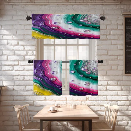 Vista 2 de Shrahala Blue Bright Tier Curtains for Kitchen Windows, Colorful Acrylic Paint Pour Abstract Design Cafe Curtain Multilayer Polyester Blackout Half